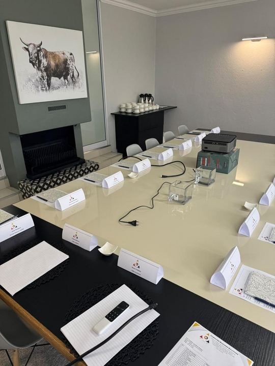 A boardroom setting with refreshments